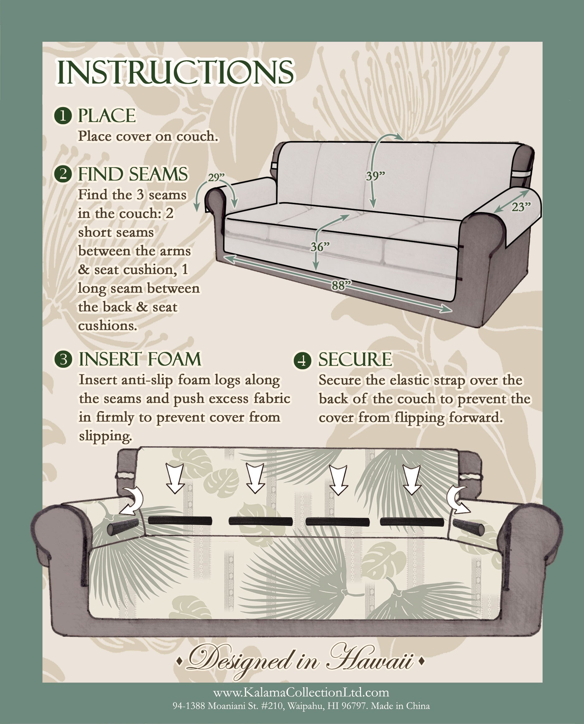 Hawaiian Quilted Couch Cover: Monstera Taupe | Kalama Collection Ltd