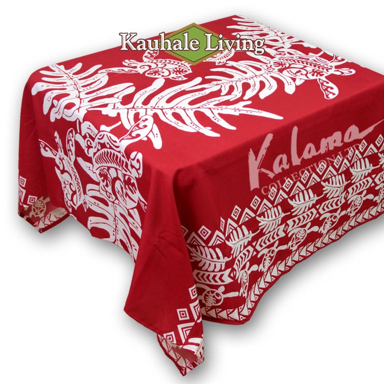 Hawaii Fabric Tablecloth, Honu & Lauae Red Kalama Collection Ltd