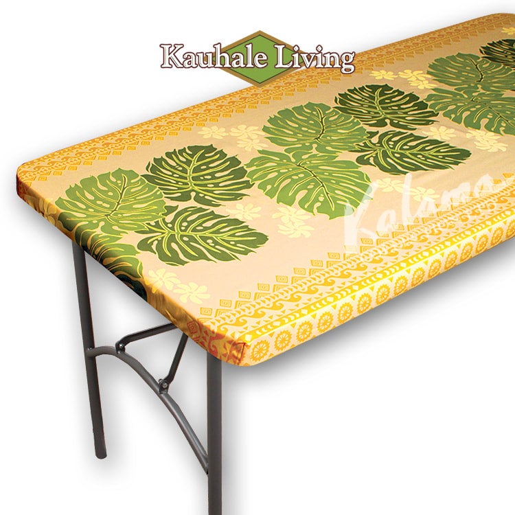 Hawaii Fabric Luau Tablecloth, Monstera Tapa Yellow Kalama Collection Ltd
